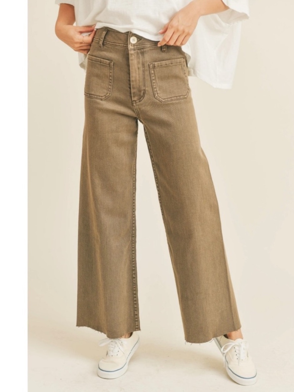 Oat New York High Rise Wide Leg Pant Patch Pockets Raw Hem Green Womens 6/28